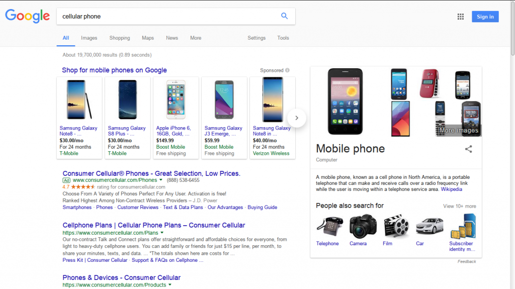 De zoekresultaten bij Google voor 'cellular phone'