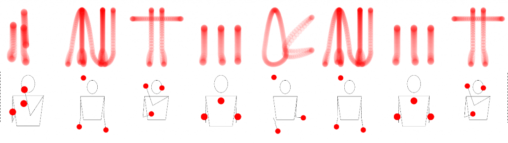 Each letter is a juggling pattern, animated by the Juggling Lab software or summarized by a single image of the ball trajectories