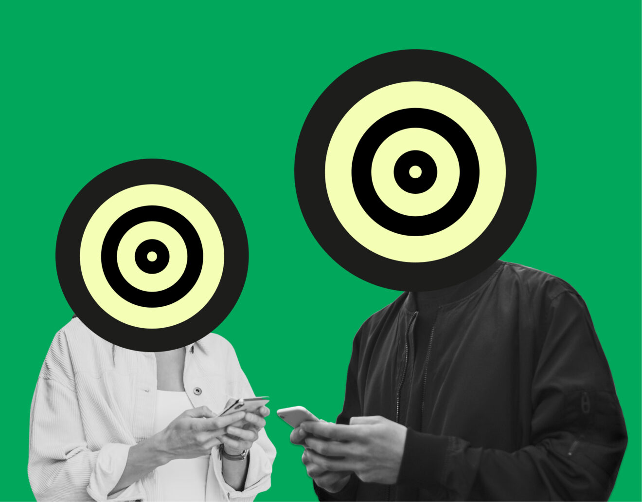 Collage van twee mensen met smartphones, waarvan de gezichten zijn verborgen.