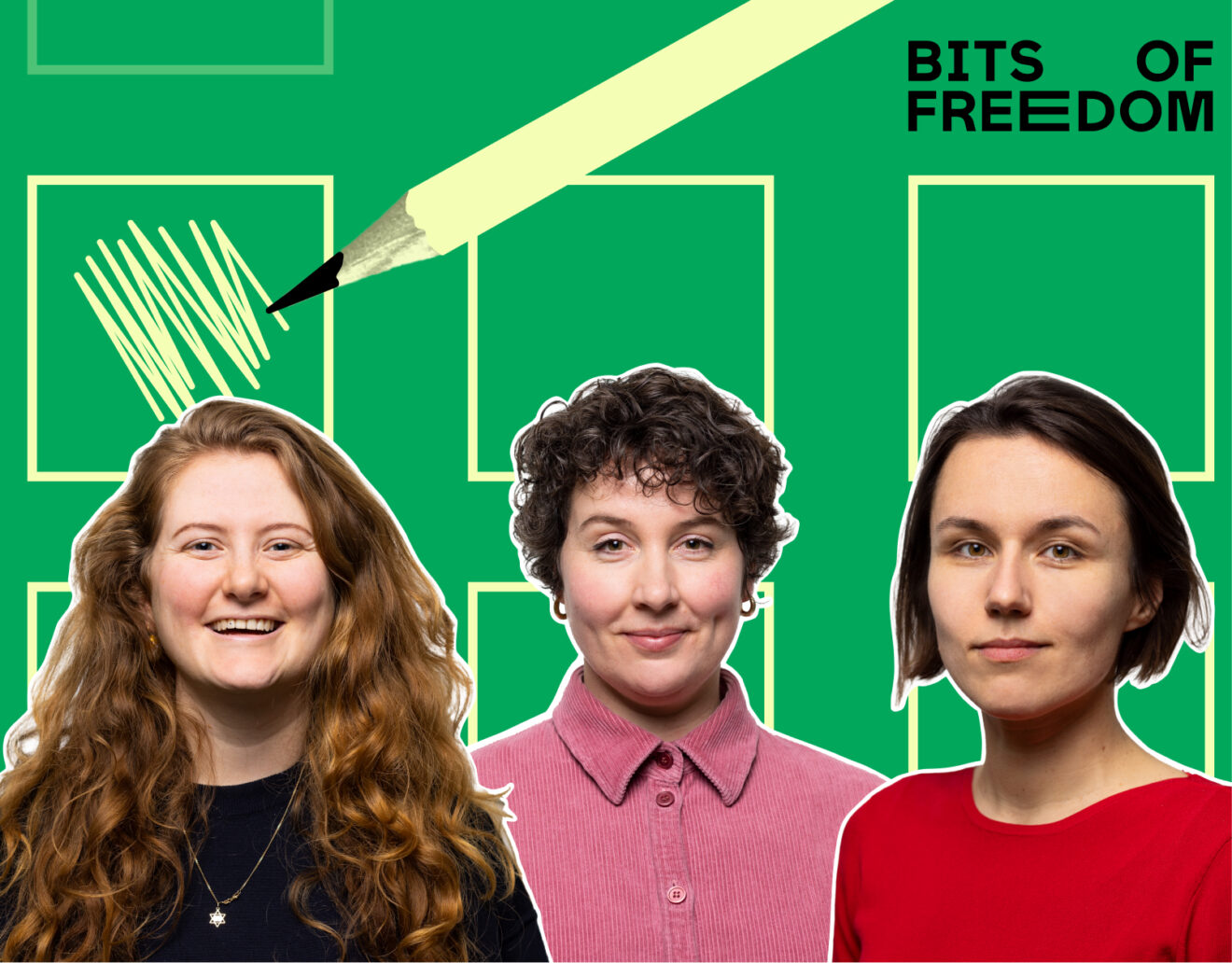 Portretten van Lotje, Inge en Evelyn, met op de achtergrond een stempotlood.