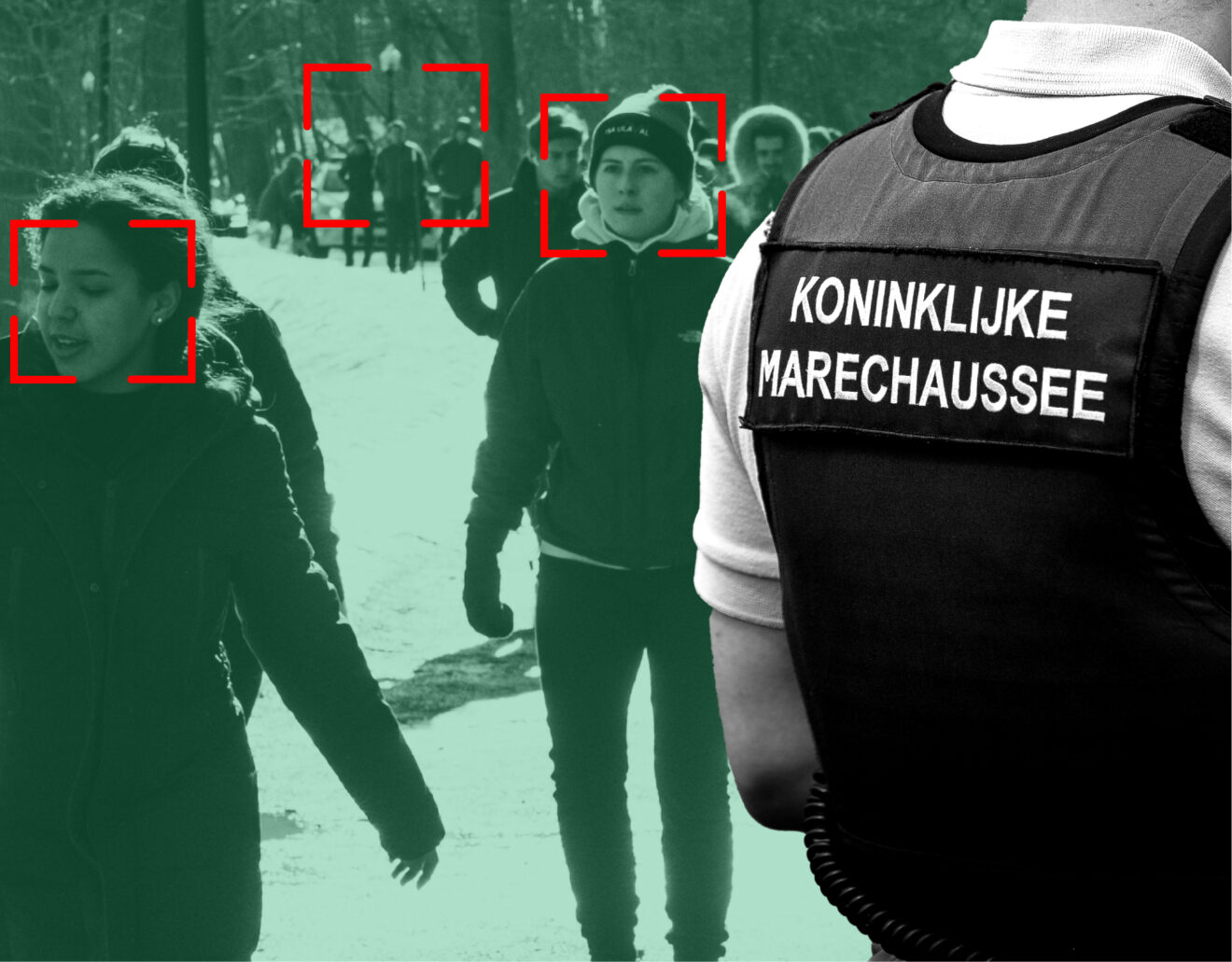 Foto's van iemand in een marechaussee vest, mensen er om heen