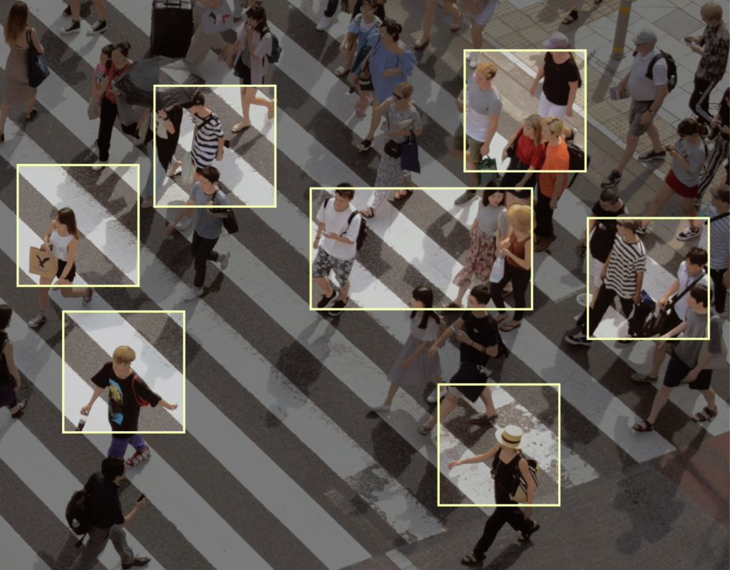 Foto vanuit de lucht van mensen die een zebrapad oversteken, sommige met een selectievierkantje om hen heen.