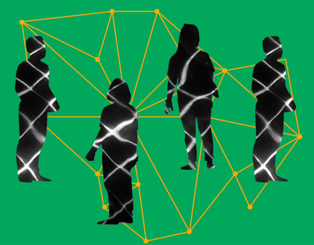 Afbeelding van silhouetten van mensen met een dataspoor om ze heen