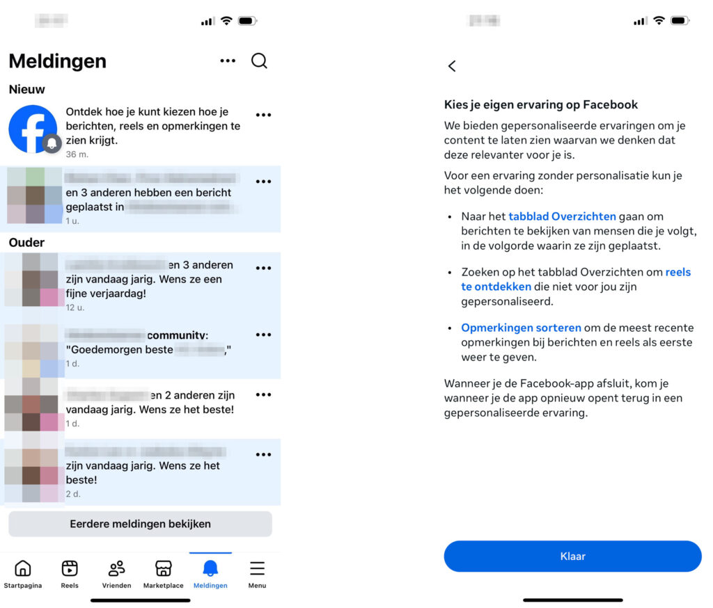 Screenshot in-app notificatie op Facebook
