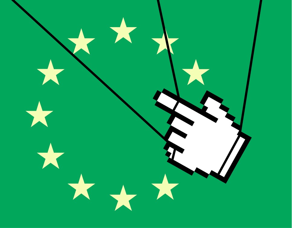 Afbeelding van logo Europa met een cursor die verstrikt zit in draden