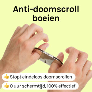 'Anti-doomscroll boeien' Een afbeelding van twee handen waarbij de duimen in zilveren duimboeien vastzitten. Emoji van een duim 'stopt eindeloos doomscrollen.' Emoji van een duim '0 uur schermtijd, 100% effectief'