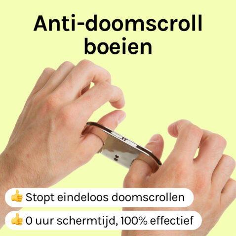 'Anti-doomscroll boeien' Een afbeelding van twee handen waarbij de duimen in zilveren duimboeien vastzitten. Emoji van een duim 'stopt eindeloos doomscrollen.' Emoji van een duim '0 uur schermtijd, 100% effectief'