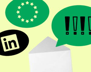 Gele achtergrond met envelop. Uit envelop komt spraakwold met uitroeptekens