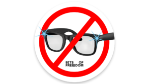 Afbeelding van een gluurbril met een verbodsteken er overheen en het logo van Bits of Freedom er onder.