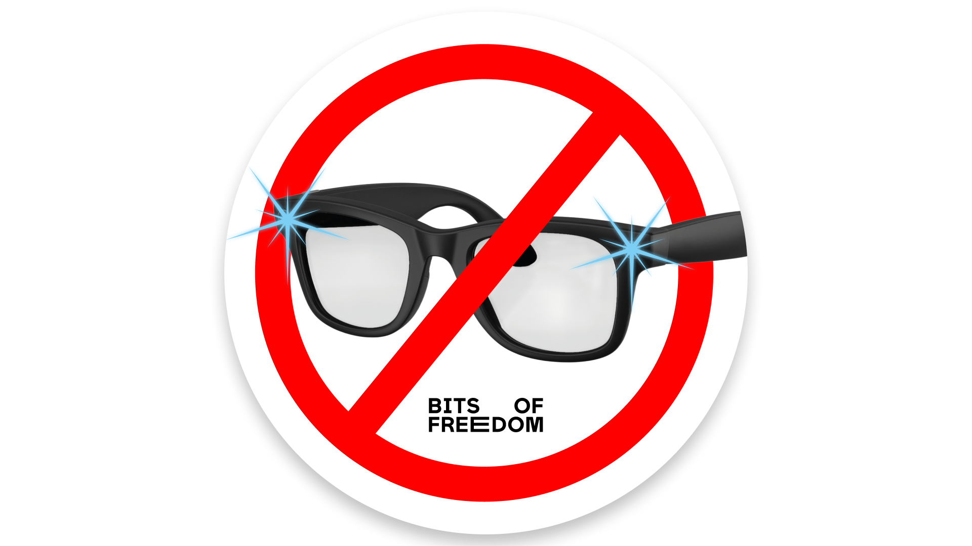 Afbeelding van een gluurbril met een verbodsteken er overheen en het logo van Bits of Freedom er onder.